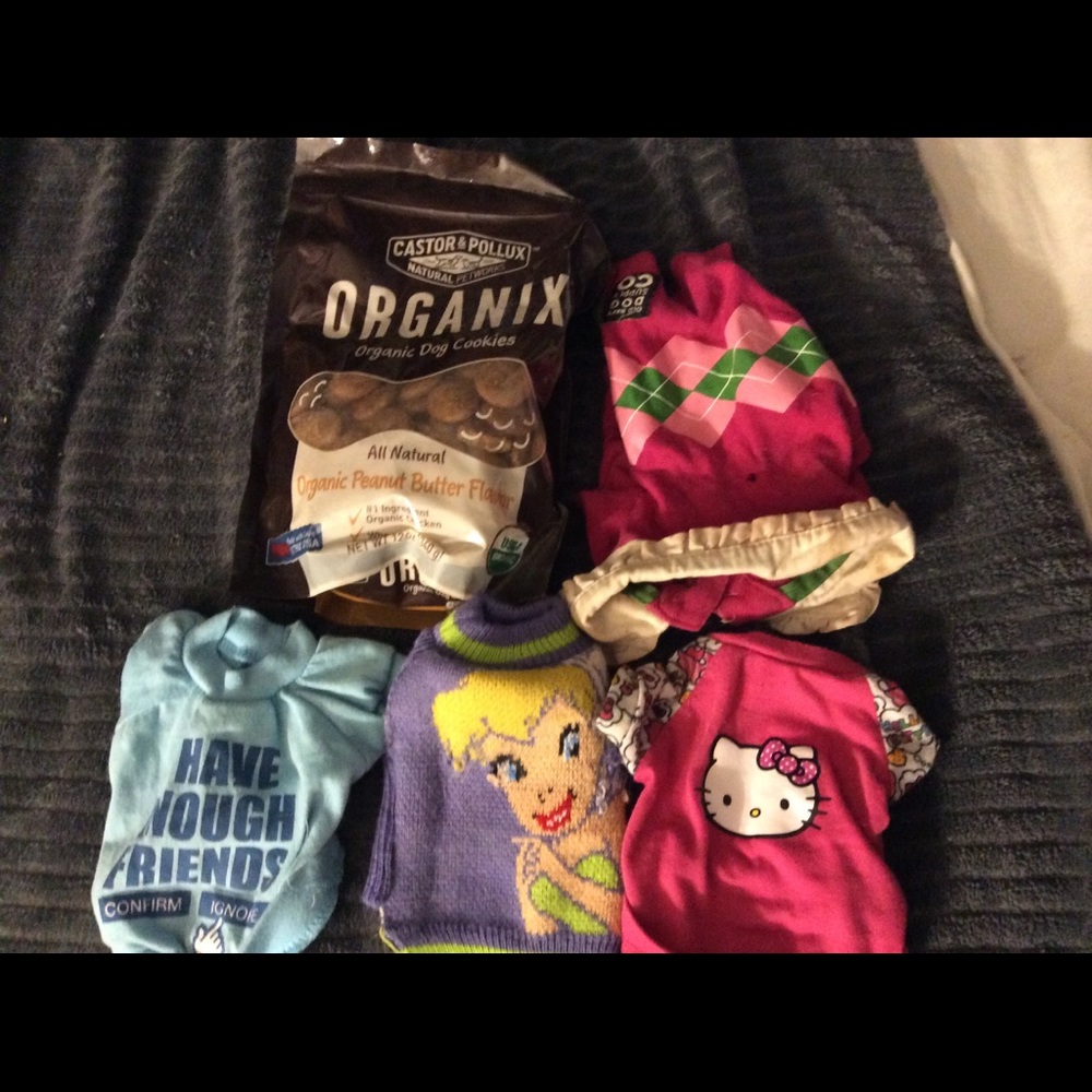 Xs used dog clothes and brand new treats